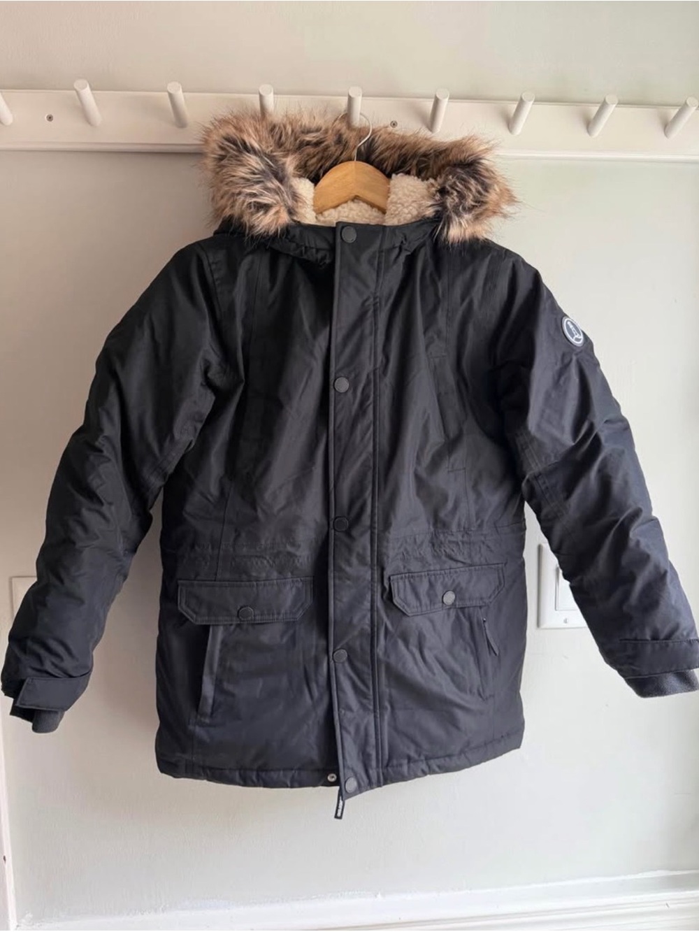 Lands' End Black Hooded Puffer Coat with Faux-Fur Trim